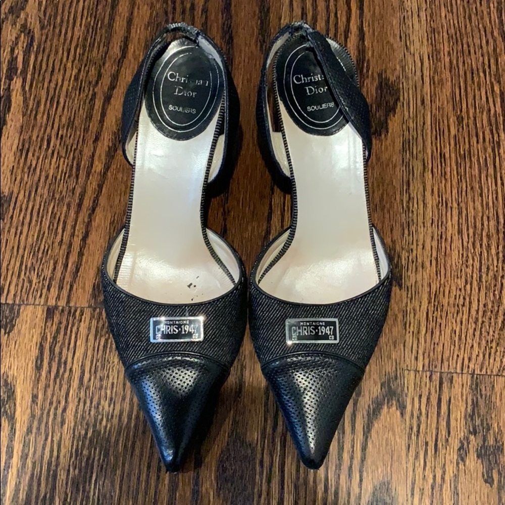 Christian Dior Black Leather Pointy Slingback Heels